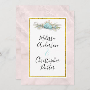 Blue Roses and Crown Floral Bouquet Wedding Invitation