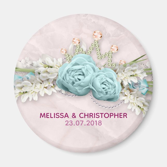 Blue Roses and Crown Floral Bouquet Wedding Magnet (Front)
