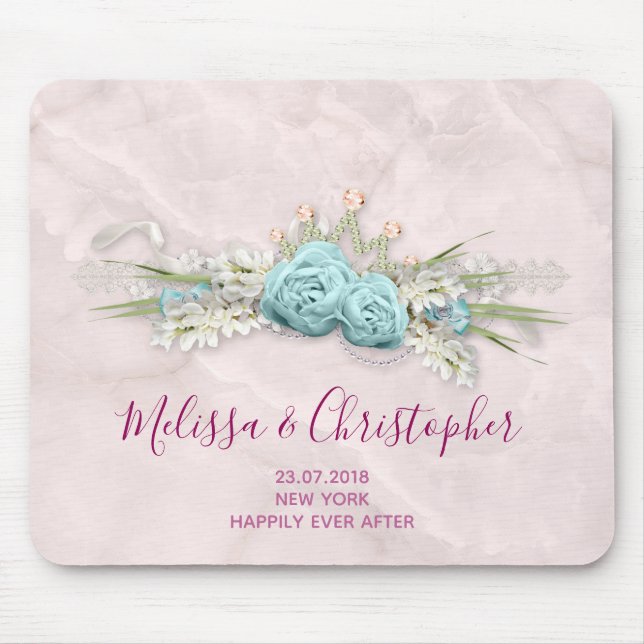 Blue Roses and Crown Floral Bouquet Wedding Mouse Pad (Front)