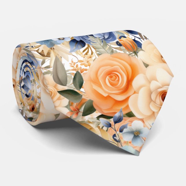 Blue Roses and Peach Flowers Floral Neck Tie (Rolled)