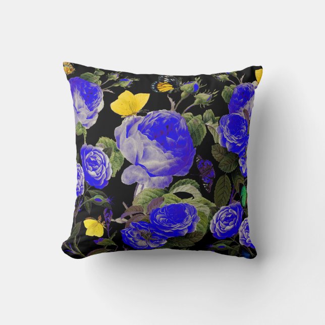 BLUE ROSES AND YELLOW BUTTERFLIES Black Cushion (Front)