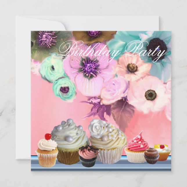 BLUE ROSES ANEMONE FLOWERS AND CUPCAKES Birthday Invitation (Front)