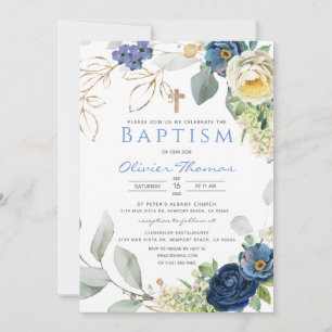 Blue Roses Baptism Boy Invitation