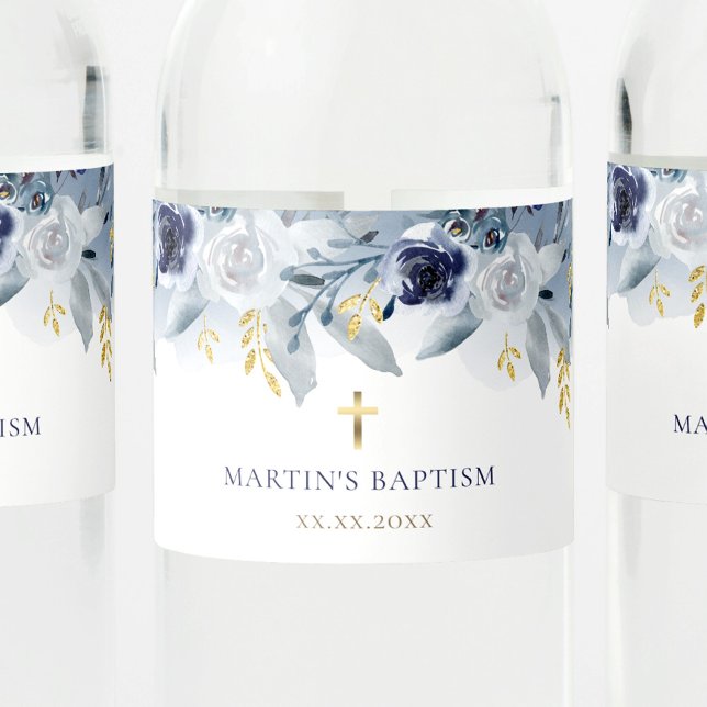 blue roses Baptism Water Bottle Label (Creator Uploaded)