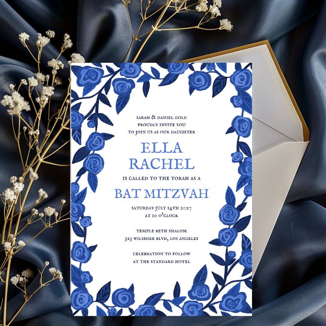 Blue Roses Bat Bar Mitzvah Modern Girl Custom  Invitation (Blue Roses Bat Bar Mitzvah Modern Girl Custom Invitation
)