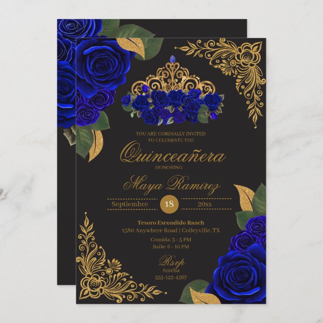 Blue Roses Black Gold Glitter Tiara Quinceañera  Invitation (Front/Back)