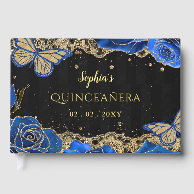 Blue Roses Black Gold Lace Butterfly Quinceañera Guest Book (Front)