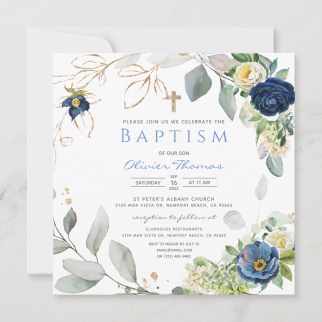 Blue Roses Boy Baptism Invitation (Front)
