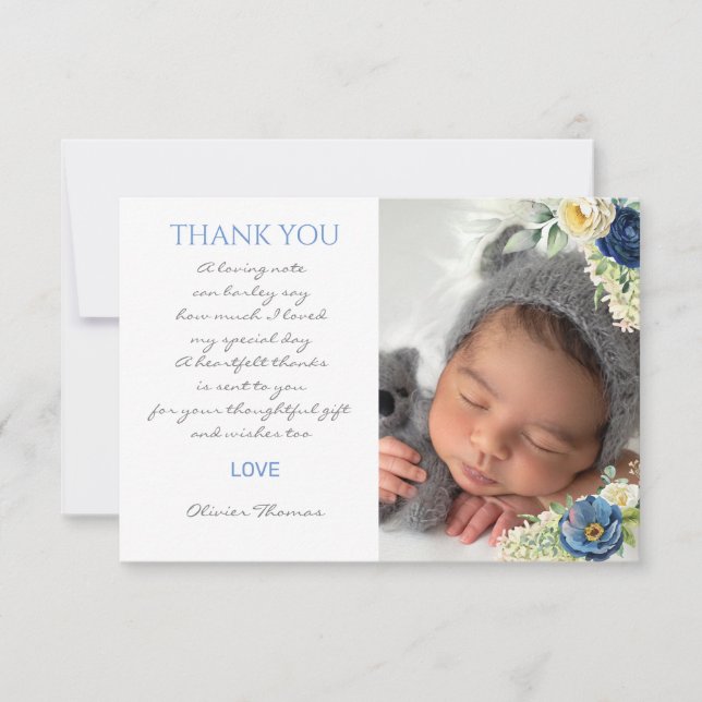 Blue Roses Boy Baptism Thank you card (Front)