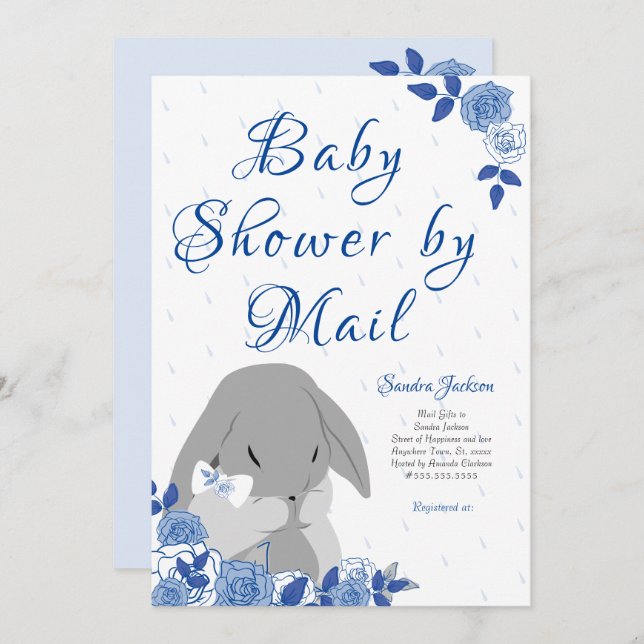 Blue Roses Bunny Rabbit Boy Baby Shower Invitation (Front/Back)