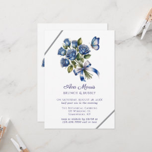Blue Roses Butterfly Silver Brunch & Bubbly Invitation