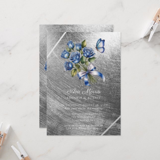 Blue Roses Butterfly Silver Brunch & Bubbly Invitation (Front/Back In Situ)