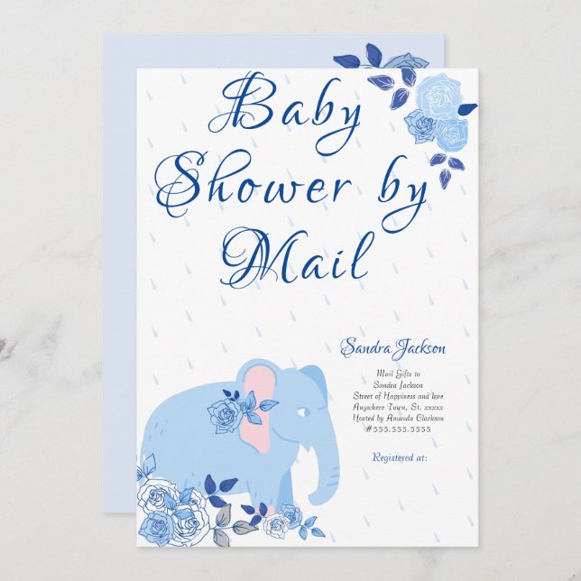 Blue Roses Cute Elephant Boy Baby Shower Invitation (Front/Back)