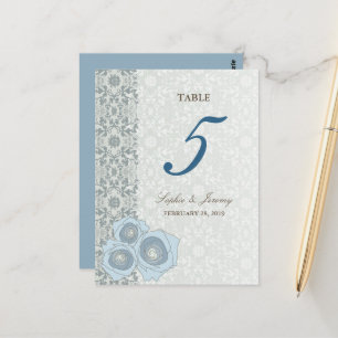 Blue Roses Damask Lace Chic Wedding Table Number Postcard