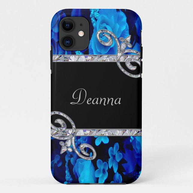 Blue Roses & Diamond Swirls Monogram Case-Mate iPhone Case (Back)