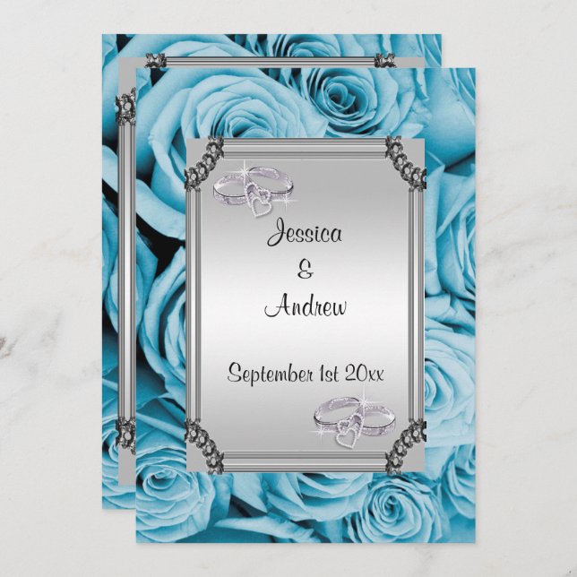 Blue Roses & Diamond Wedding Rings Invitation (Front/Back)