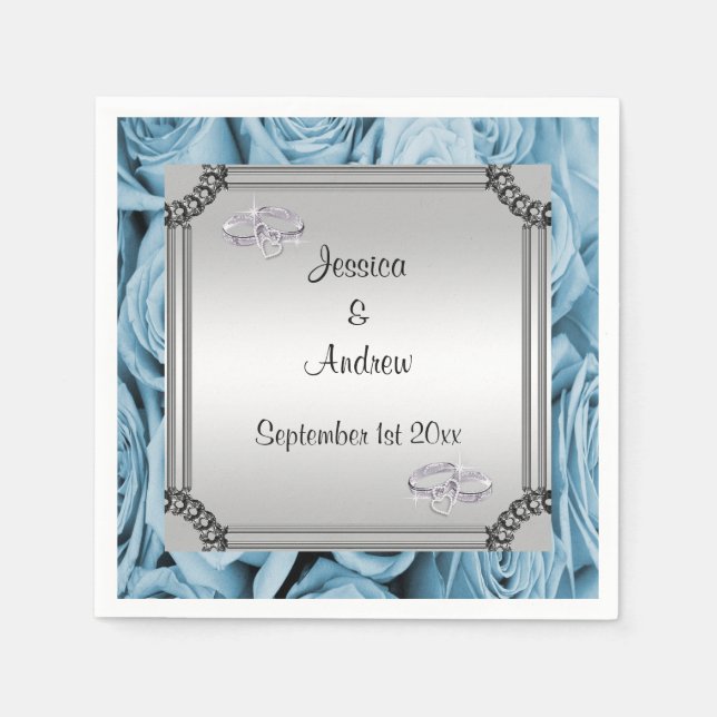 Blue Roses & Diamond Wedding Rings Napkin (Front)