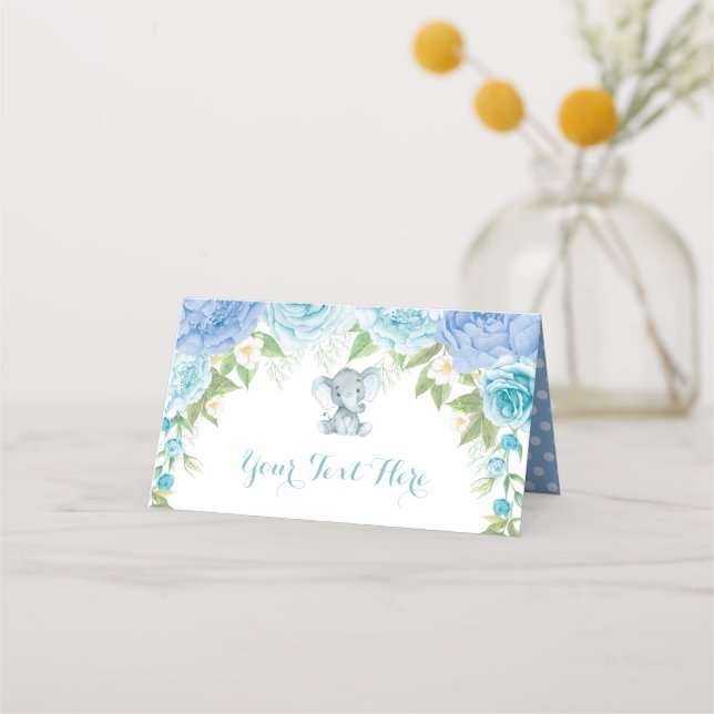 Blue Roses Elephant Boy Baby Shower 1st Birthday Place Card (Front)