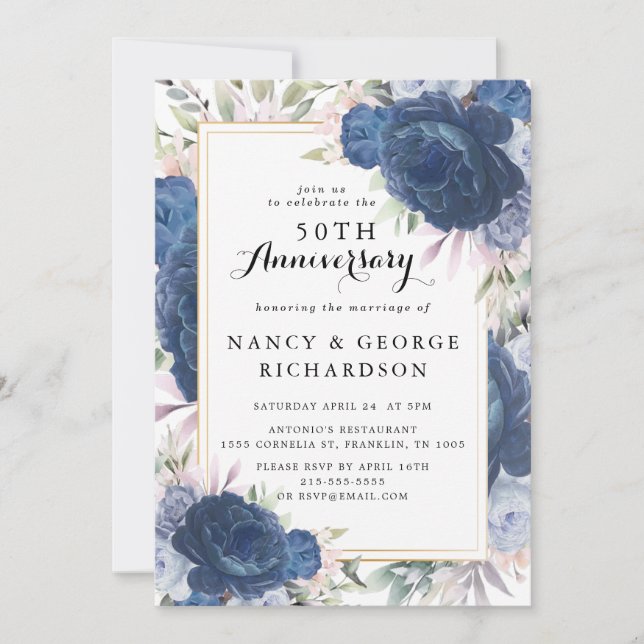 Blue Roses Floral 50th Wedding Anniversary Invitation (Front)