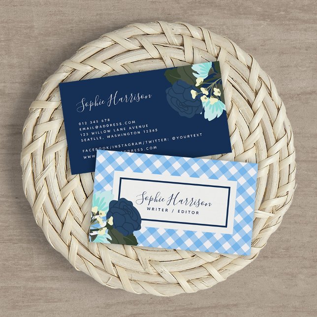 Blue Roses Floral and Blue Gingham Business Card (Creator Uploaded)