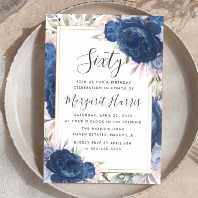 Blue Roses Floral Gold Frame 60th Sixty Birthday Invitation (Creator Uploaded)