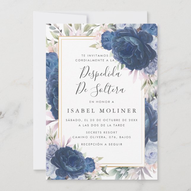 Blue Roses Floral Gold Spanish Bridal Shower Invitation (Front)