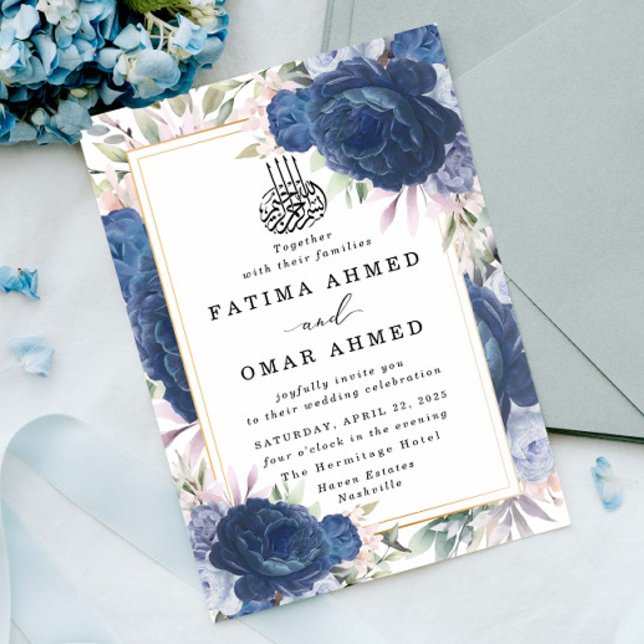 Blue Roses Floral Islamic Muslim Wedding Invitation (Creator Uploaded)