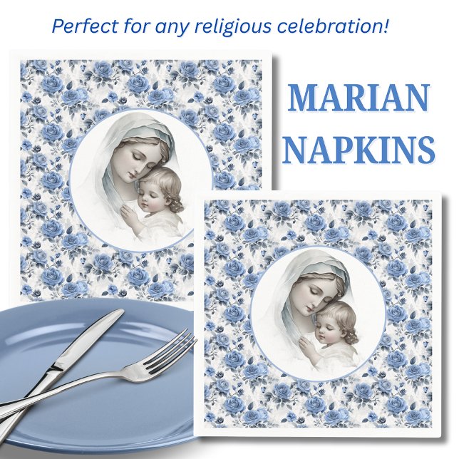 Blue Roses Floral Mary and Child Jesus Napkin (Creator Uploaded)