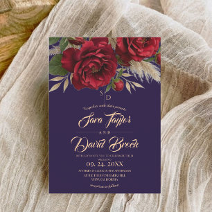 Blue & Roses Floral Modern Boho Wedding Invitation