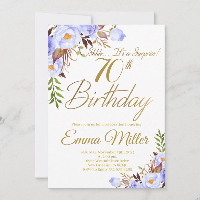 Blue Roses Floral Surprise 70th Birthday Party Invitation (Front)