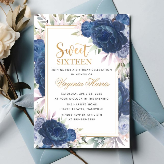 Blue Roses Floral Sweet Sixteen 16 Birthday Invitation (Creator Uploaded)