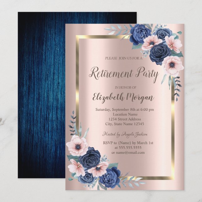 Blue Roses,Frame,Rose Gold Retirement  Invitation (Front/Back)
