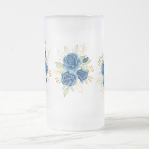 Blue Roses Frosted Glass Beer Mug
