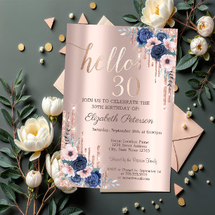 Blue Roses,Glitter Drips Rose Gold 30th Birthday  Invitation