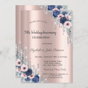 Blue Roses Glitter Drips Rose Gold Anniversary Invitation