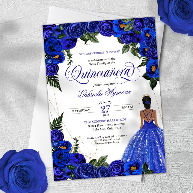 Blue Roses & Gold Fancy Ball Gown Quinceanera  Invitation (Creator Uploaded)