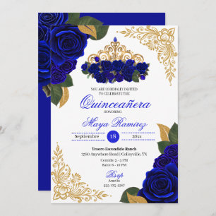 Blue Roses Gold Glitter Frames Tiara Quinceañera  Invitation