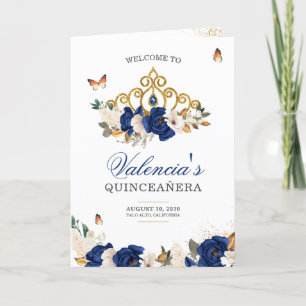 Blue Roses Gold Tiara Butterfly Quinceanera Programme