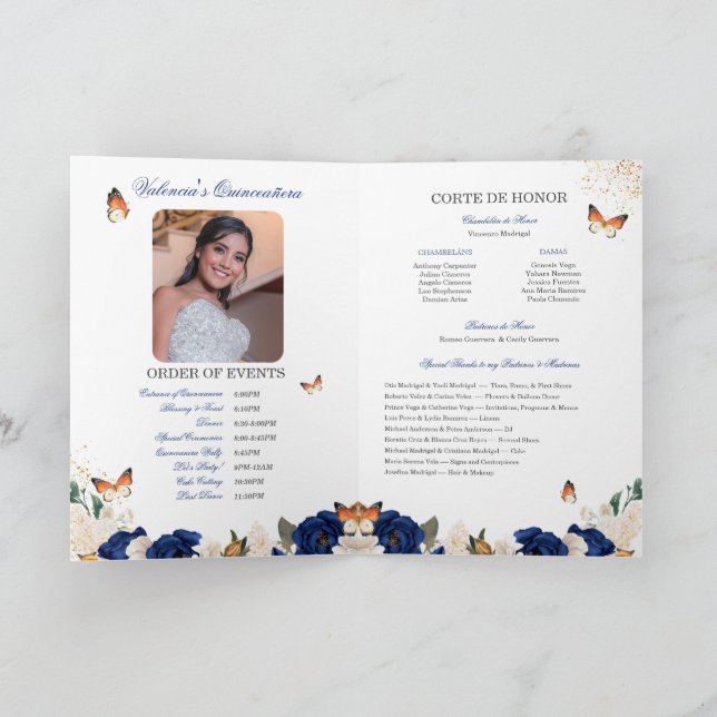 Blue Roses Gold Tiara Butterfly Quinceanera Programme (Inside)