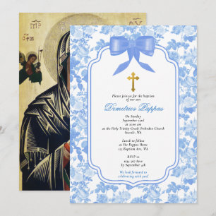 Blue Roses Greek Orthodox Christening Baptism Invitation