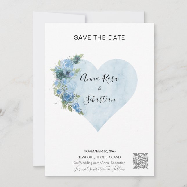 *~* Blue Roses Heart AR6 QR WEDDING SAVE the DATE Invitation (Front)