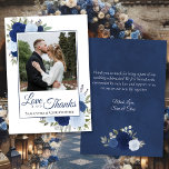 Blue Roses Love & Thanks with Note Wedding Photo Thank You Card<br><div class="desc">These beautiful wedding thank you cards feature a rustic boho chic floral design with your photo in surrounded by hand painted watercolor roses in shades of dusty blue, navy, and indigo, along with eucalyptus leaves and greenery scattered about. The caption reads: Love and Thanks, with your names below. The back...</div>