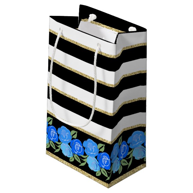 Blue Roses on Black, White, Gold Gift Bag (Back Angled)