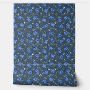 Blue Roses on Dusky Blue Calico Wallpaper