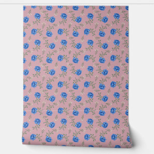 Blue Roses on Pink Calico Wallpaper