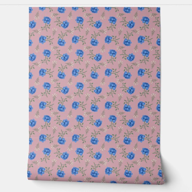 Blue Roses on Pink Calico Wallpaper (Unrolling)
