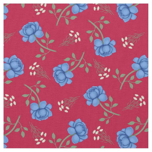Blue Roses on Red Calico Fabric (Close Up)