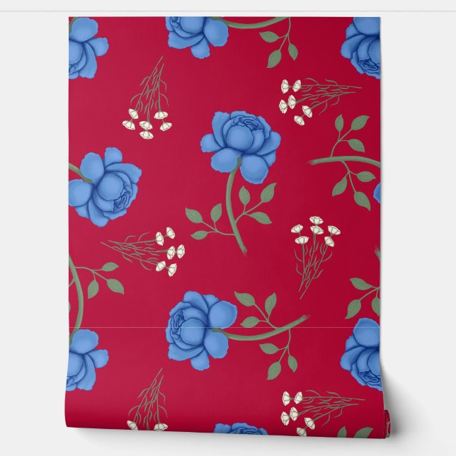 Blue Roses on Red Oversized Calico Wallpaper (Unrolling)