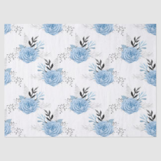 Blue Roses on White Decoupage Tissue Paper