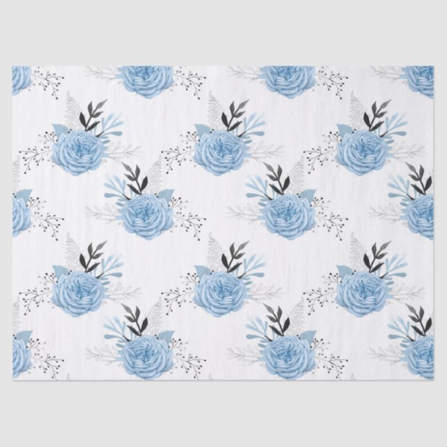Blue Roses on White Decoupage Tissue Paper (Front)